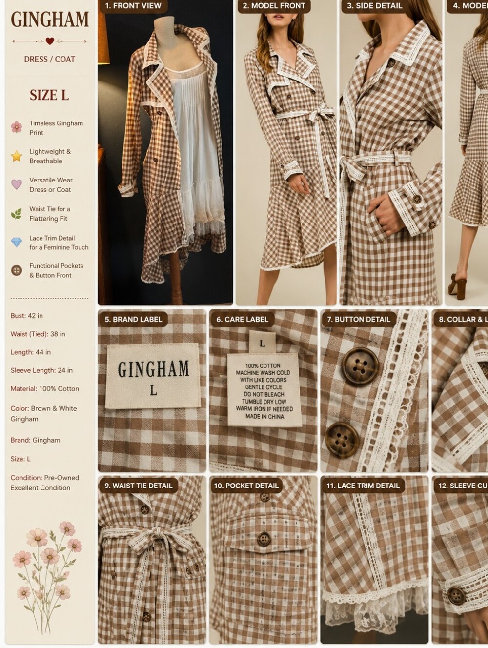 Gingham Cotton Tie-Waist Dress/Coat - Brown & White -